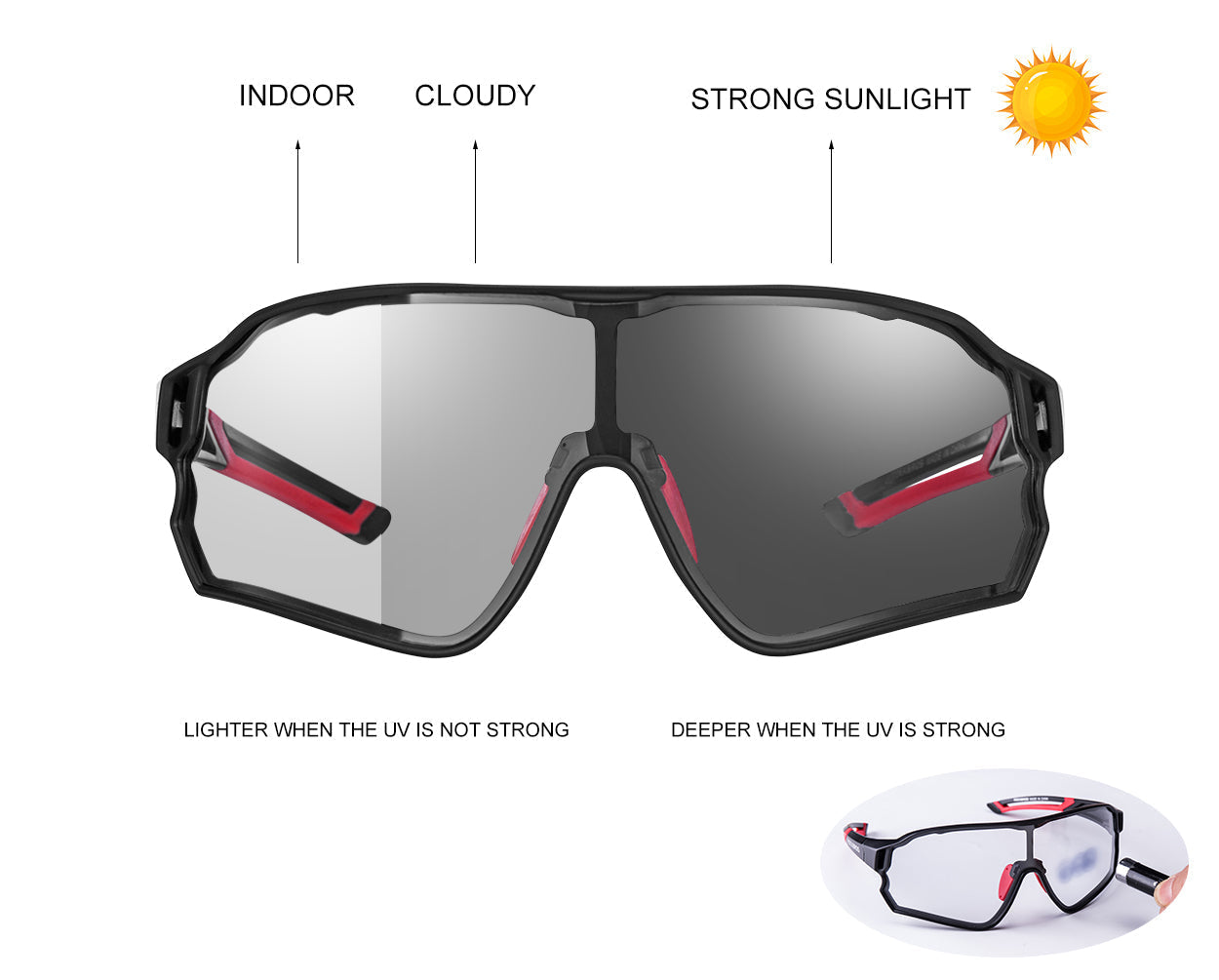 ROCKBROS photochromic sunglasses lens tinting under various lighting conditions.