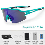 ROCKBROS polarized cycling glasses with blue and black frame and accessories.