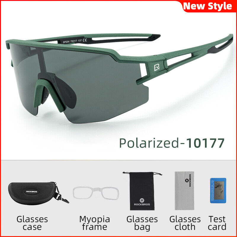 ROCKBROS Polarized cycling glasses in green style with accessories and glasses case.