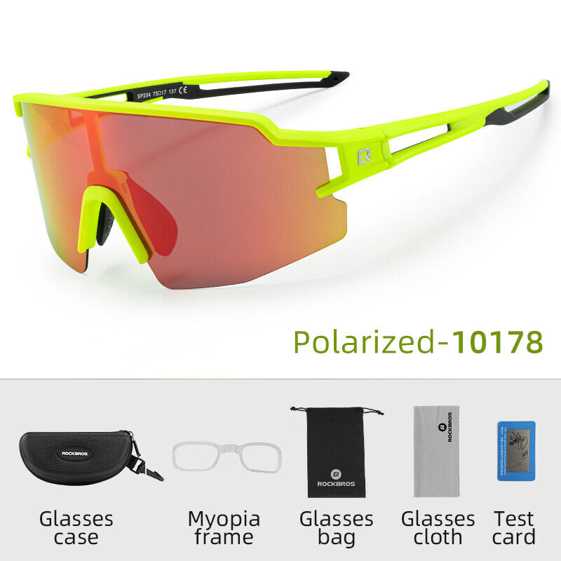 Neon green ROCKBROS polarized cycling glasses with pink lens and accessories.