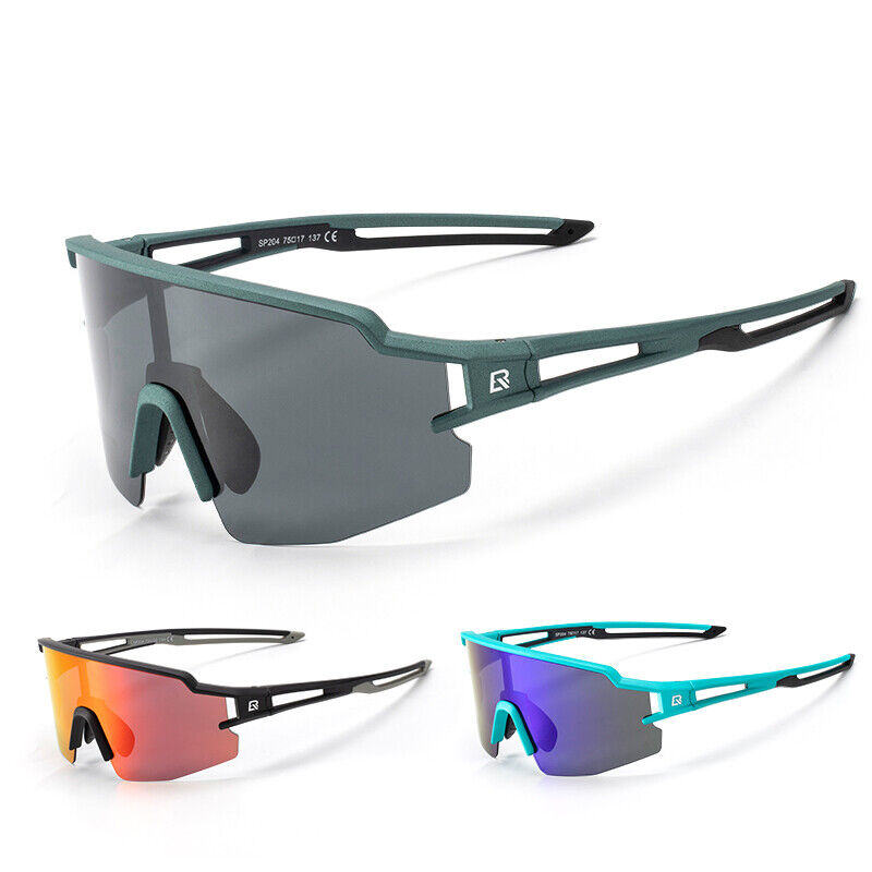 ROCKBROS polarized cycling glasses in green, orange, and blue styles.