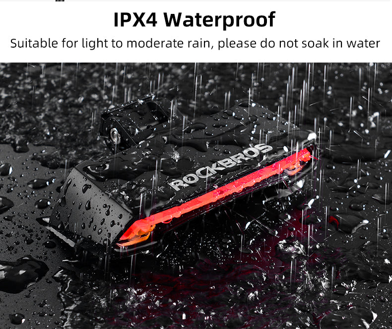 ROCKBROS rear light with IPX4 waterproof rating for rainy conditions