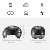 ROCKBROS black cycling helmet dimensions with removable goggles and icons.