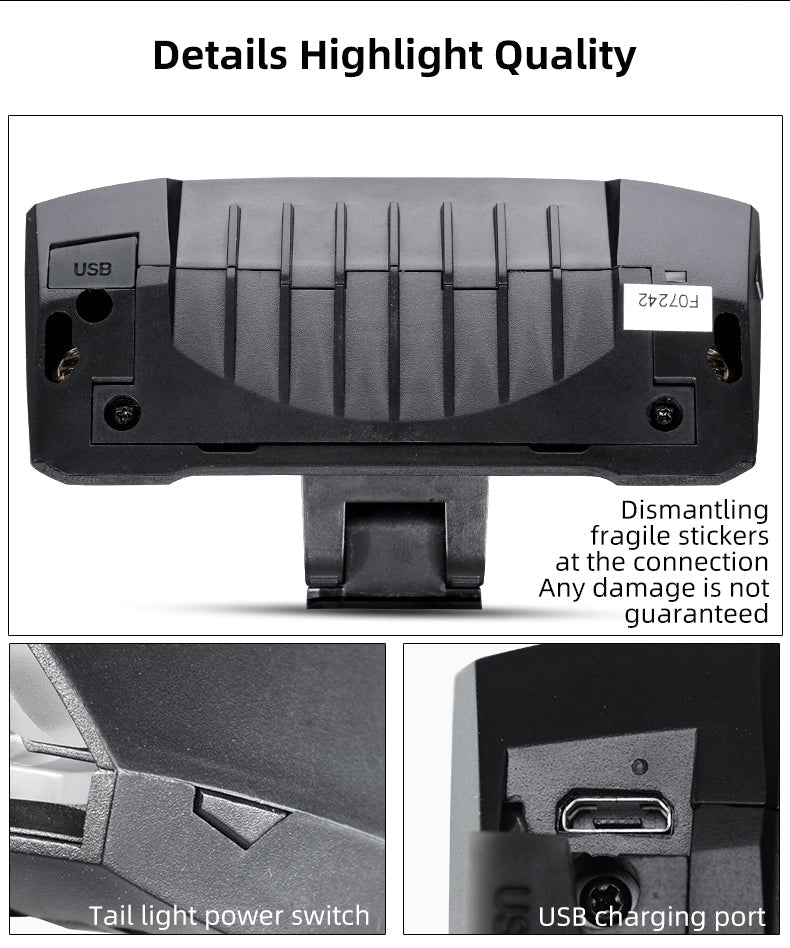 ROCKBROS rear light showing USB charging port and power switch for bike safety.