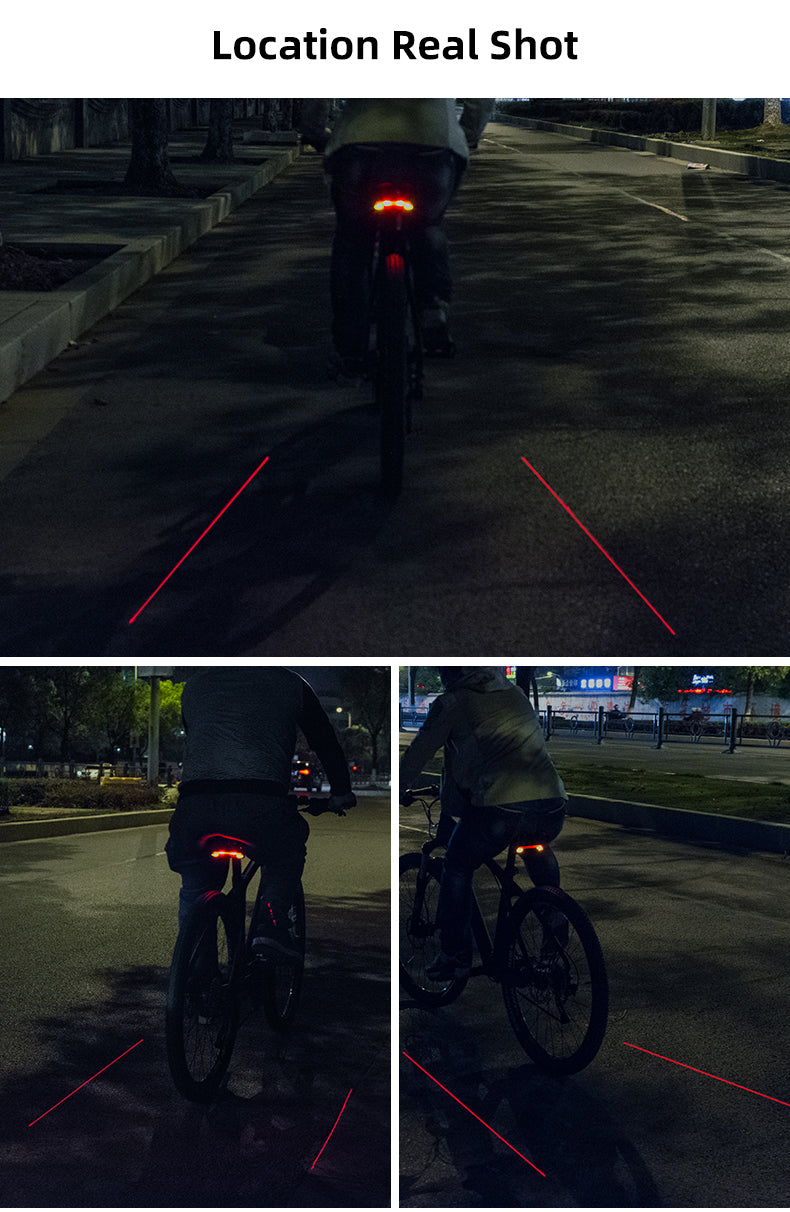 ROCKBROS rear light on bike saddle with laser warning lines for nighttime visibility