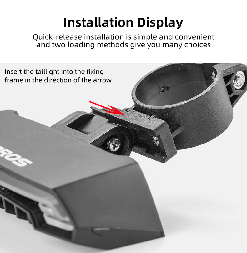 ROCKBROS rear light installation display with quick-release mechanism and mounting details.