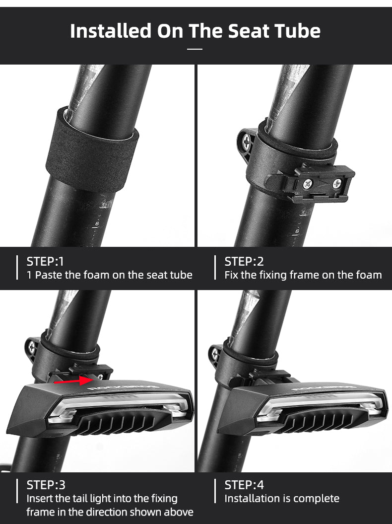 ROCKBROS rear light installation guide with step-by-step instructions on bike seat tube