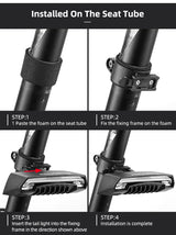 ROCKBROS rear light installation guide with step-by-step instructions on bike seat tube