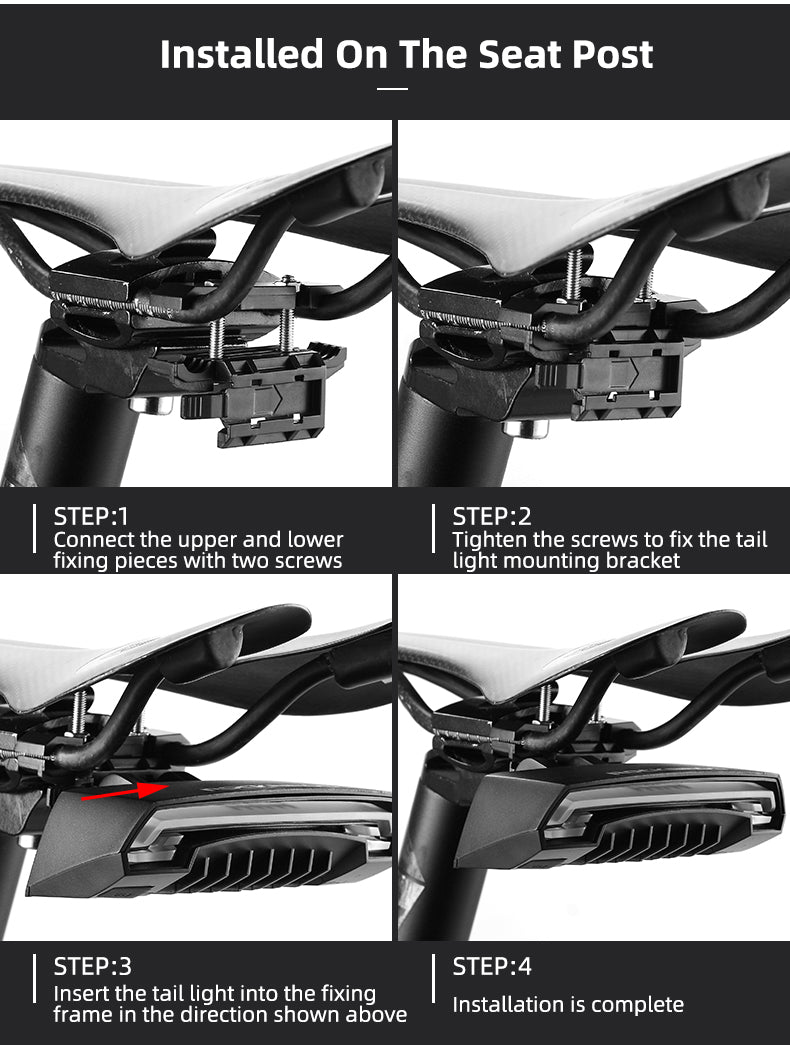 ROCKBROS rear light installation steps on bike seat post for secure fitting.