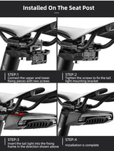 ROCKBROS rear light installation steps on bike seat post for secure fitting.