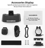 ROCKBROS bike light accessories: remote control, charging cable, and user guide.