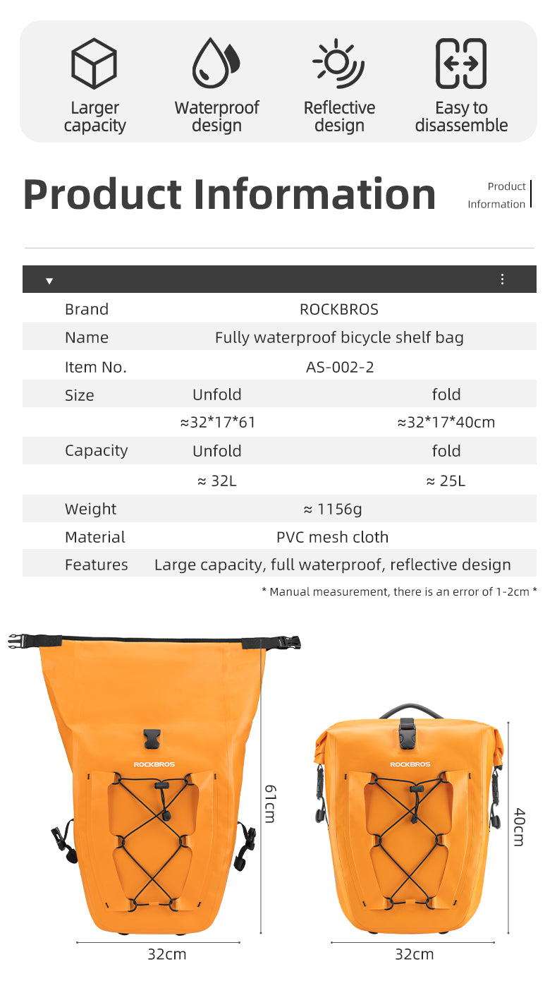 ROCKBROS waterproof bicycle saddlebag in orange with features and dimensions chart.