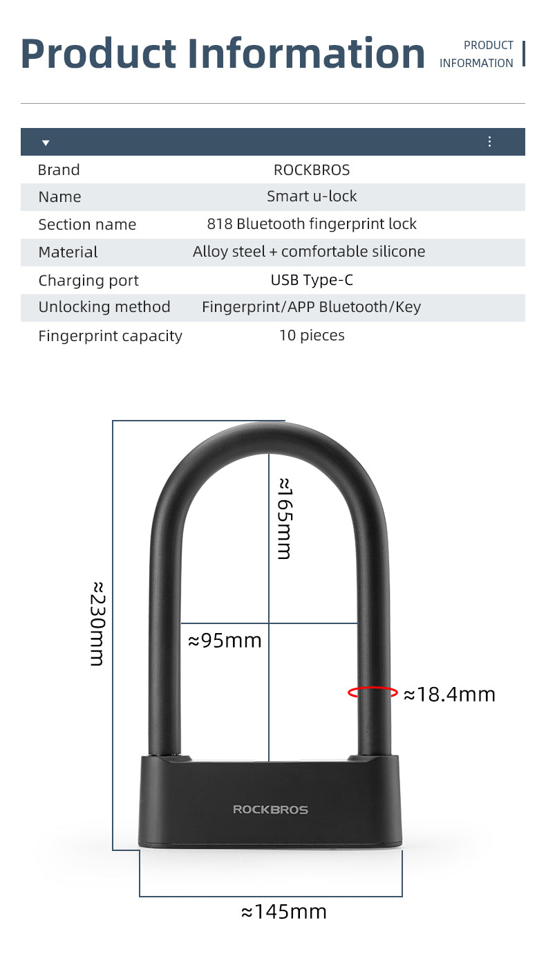 ROCKBROS Smart U-lock dimensions with Bluetooth and fingerprint features.