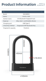 ROCKBROS Smart U-lock dimensions with Bluetooth and fingerprint features.