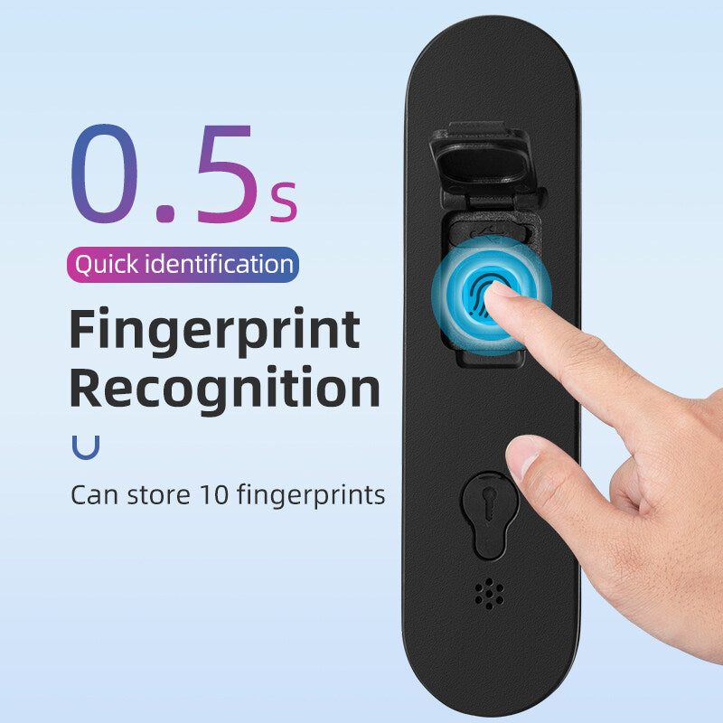 ROCKBROS bike lock fingerprint sensor with 0.5s identification and storage for 10 fingerprints.
