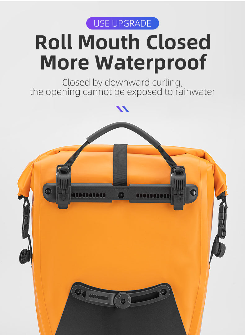 Orange ROCKBROS saddlebag with roll mouth closure for improved waterproofing.