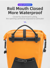 Orange ROCKBROS saddlebag with roll mouth closure for improved waterproofing.