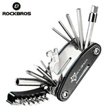 ROCKBROS 16-in-1 bike multi-tool in black and silver with multiple tool attachments