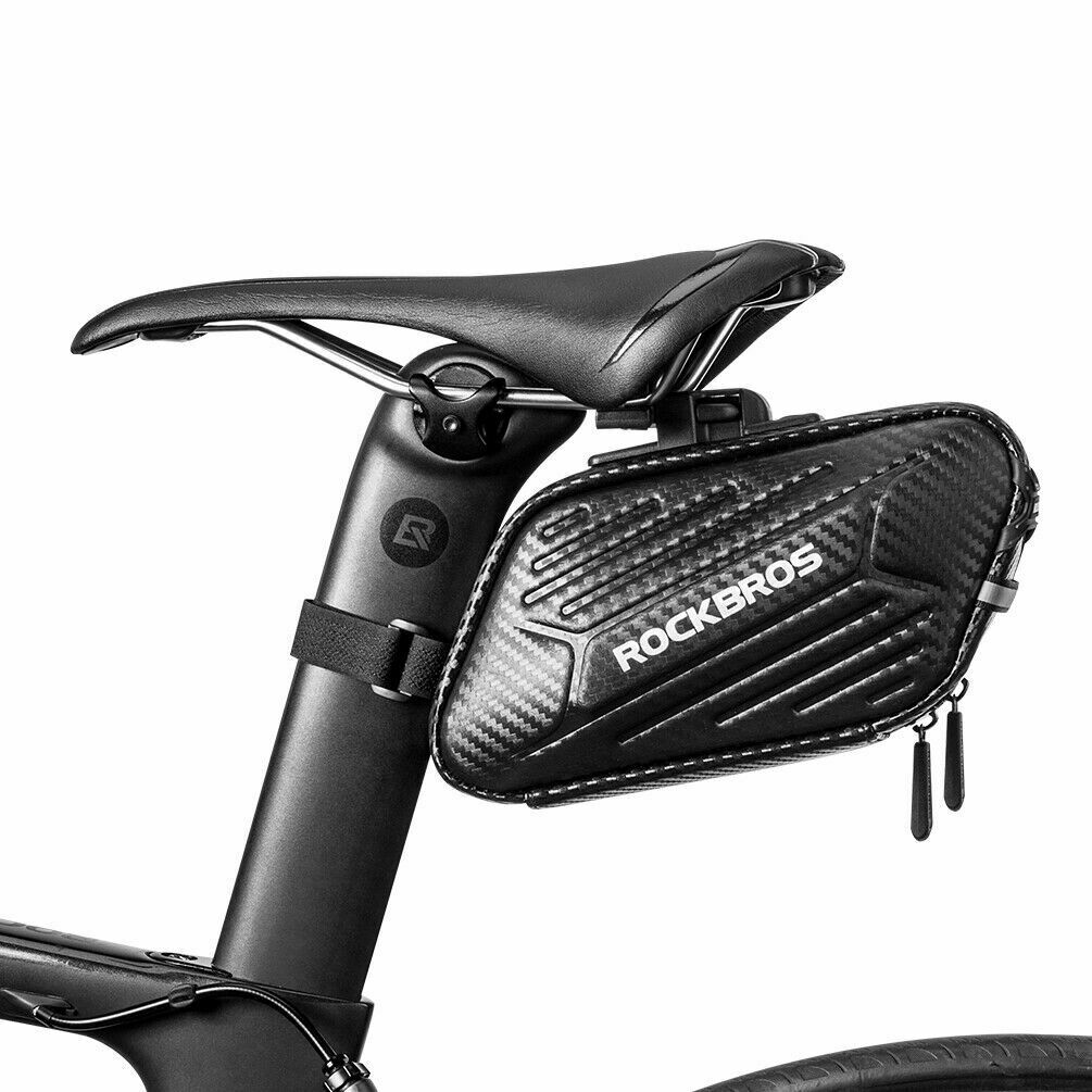 ROCKBROS carbon fiber rear seat bag secured to bike saddle for easy access.