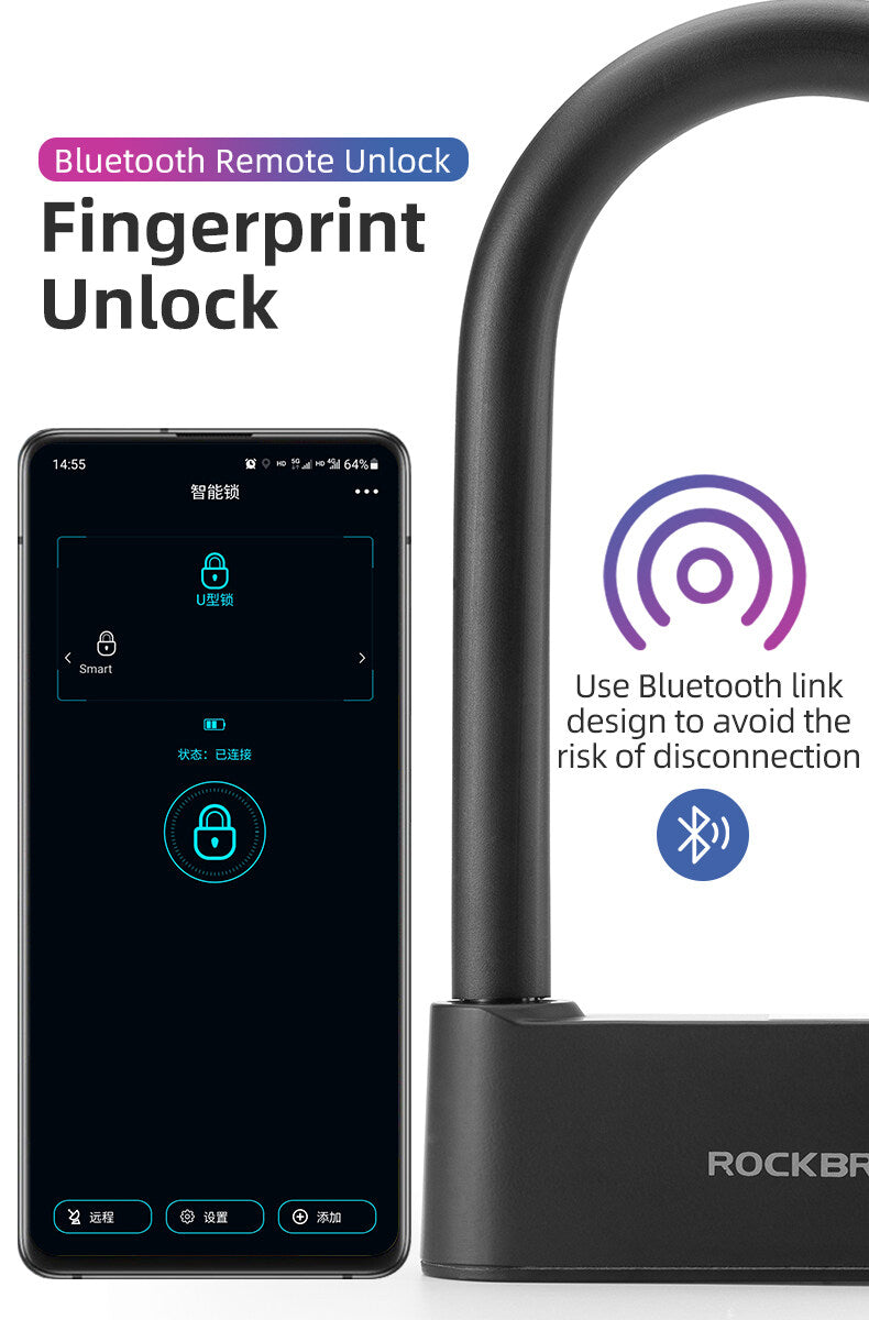 ROCKBROS bike lock with Bluetooth fingerprint unlock displayed next to smartphone app interface