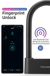 ROCKBROS bike lock with Bluetooth fingerprint unlock displayed next to smartphone app interface
