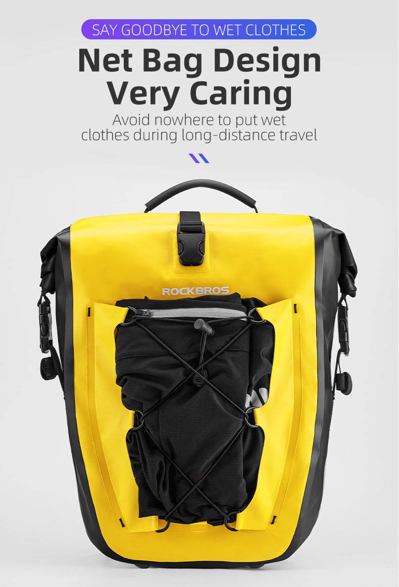 Yellow ROCKBROS saddlebag with net bag design for storing wet clothes during travel.