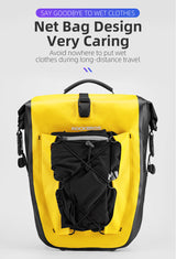 Yellow ROCKBROS saddlebag with net bag design for storing wet clothes during travel.