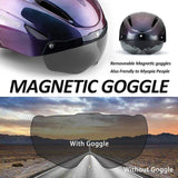 ROCKBROS cycling helmet showing magnetic goggles, with and without, for visibility.