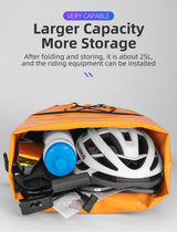 Orange ROCKBROS saddlebag showing larger capacity with helmet and gear inside.