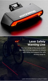 ROCKBROS rear light with laser warning line for enhanced nighttime bike visibility