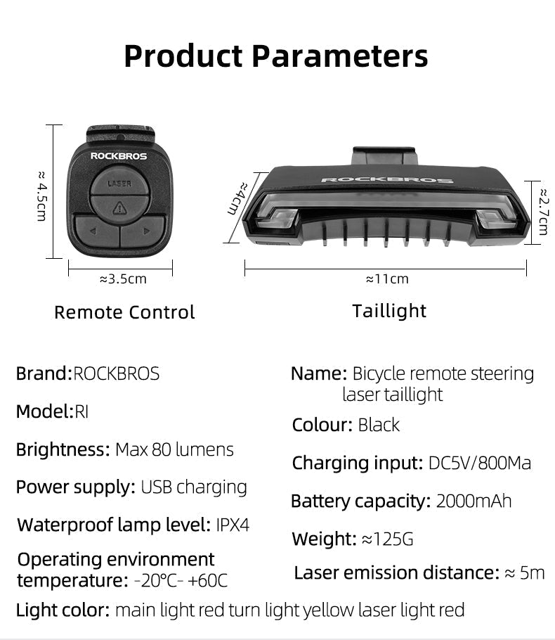 ROCKBROS rear light specifications with taillight and remote details.
