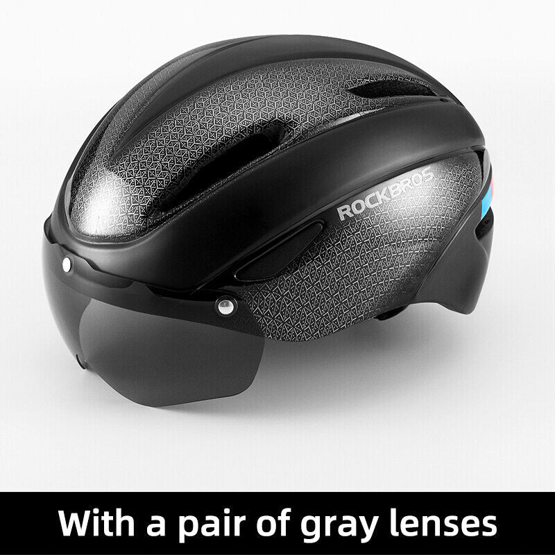 ROCKBROS black cycling helmet with sleek design and removable gray goggles