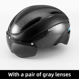 ROCKBROS black cycling helmet with sleek design and removable gray goggles