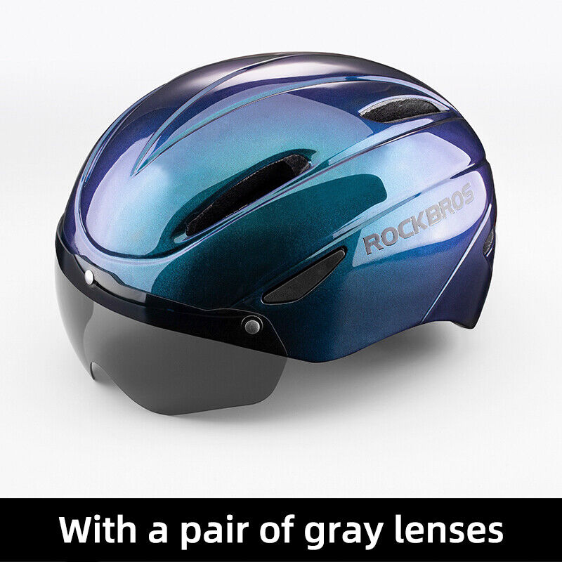 ROCKBROS cycling helmet in blue with removable gray goggles for enhanced safety