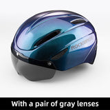 ROCKBROS cycling helmet in blue with removable gray goggles for enhanced safety