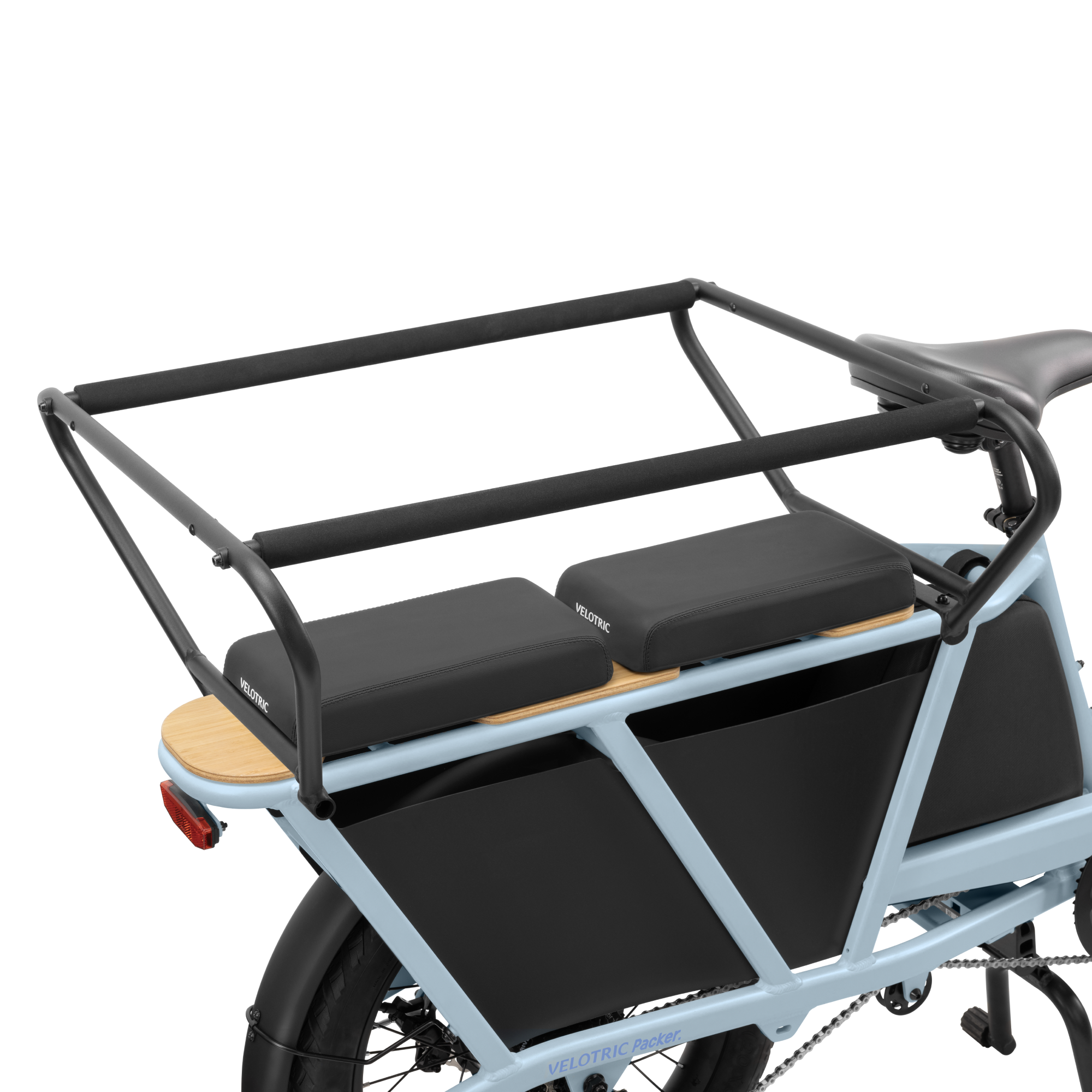 Black steel child safety balustrade on a Velotric Packer 1 e-bike