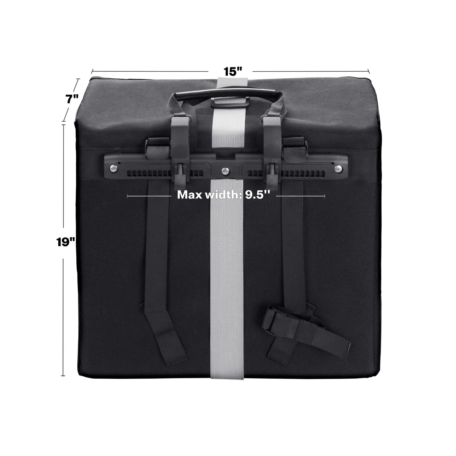 Rear view of Velotric black pannier bag showing adjustable straps and width measurement