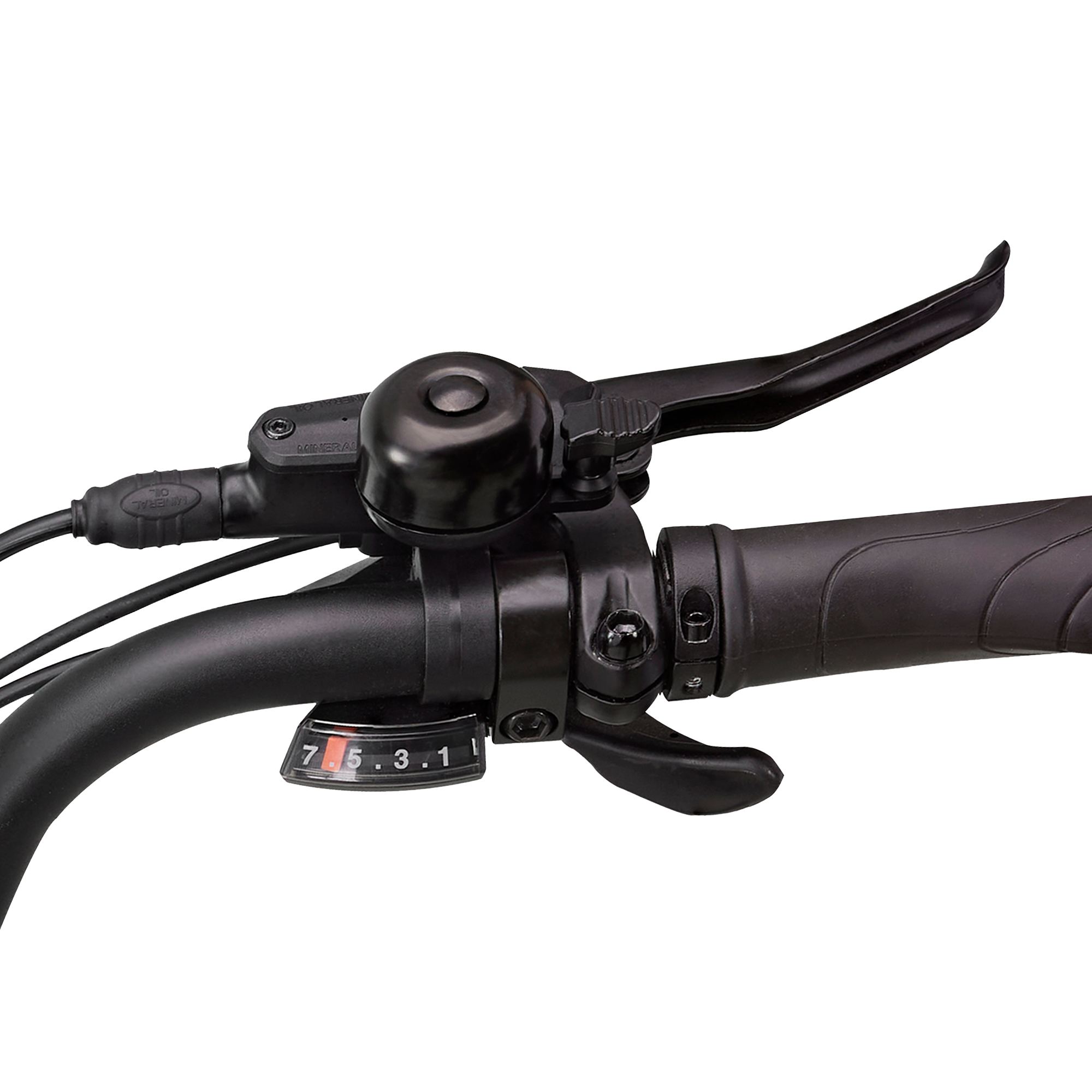 Compact black bike bell with thumb lever on e-bike handlebar for easy access