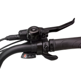 Compact black bike bell with thumb lever on e-bike handlebar for easy access