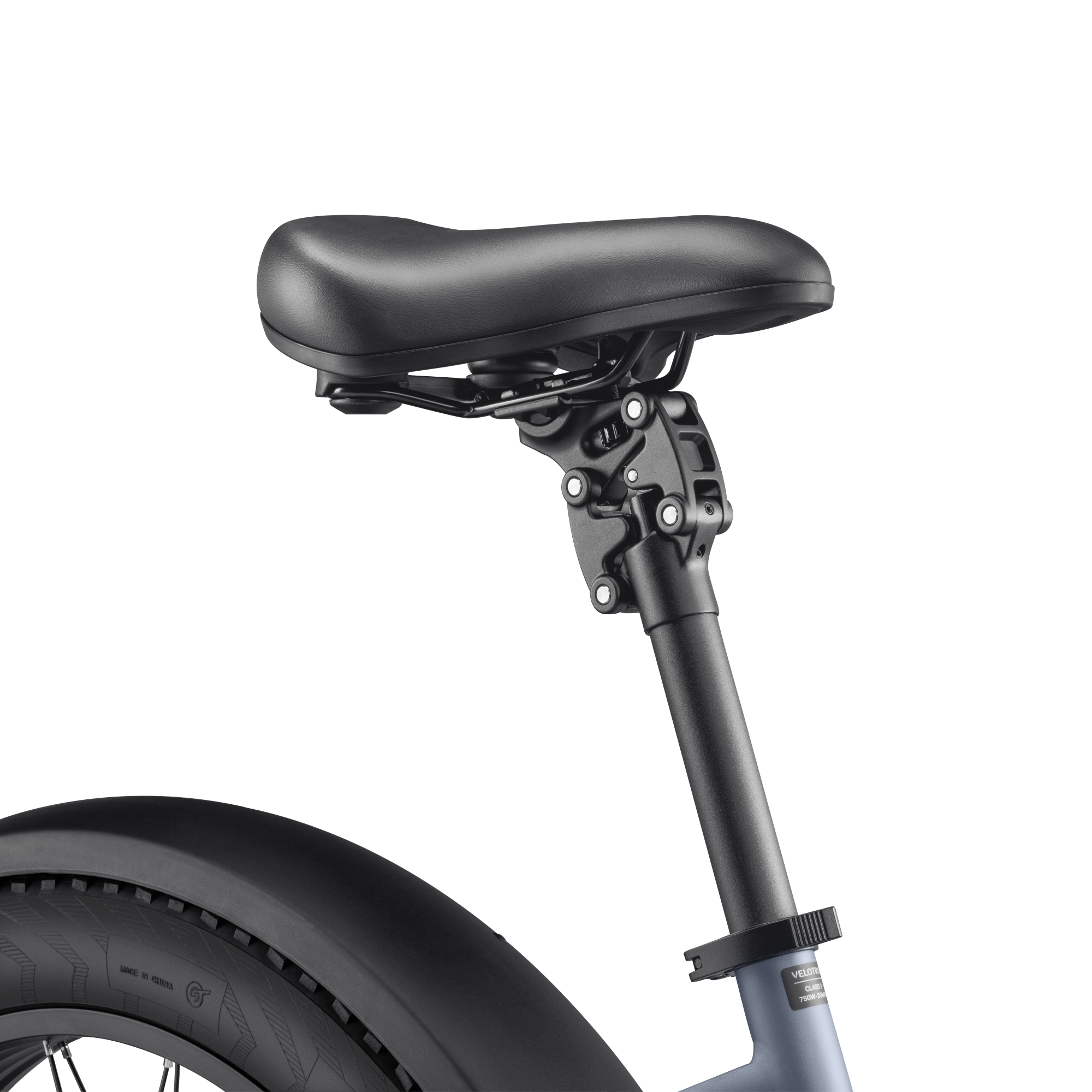 Close-up of Velotric Suspension Seatpost showing ergonomic design and shock absorption features.
