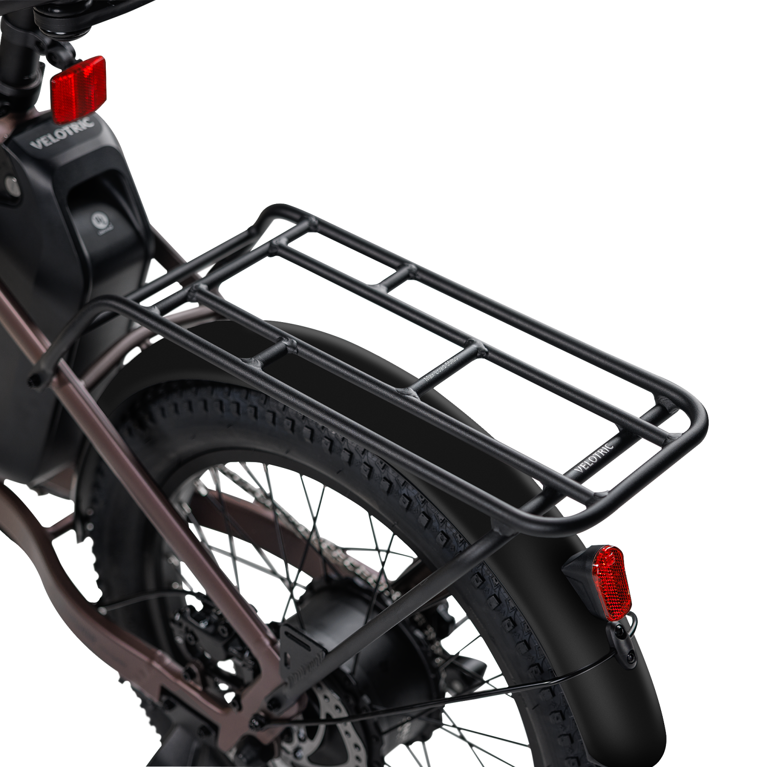 Rear cargo rack for Velotric Fold 1 Lite bike, ideal for carrying daily essentials.