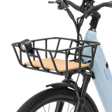 Sturdy front bike basket with bamboo base and built-in headlight for safety