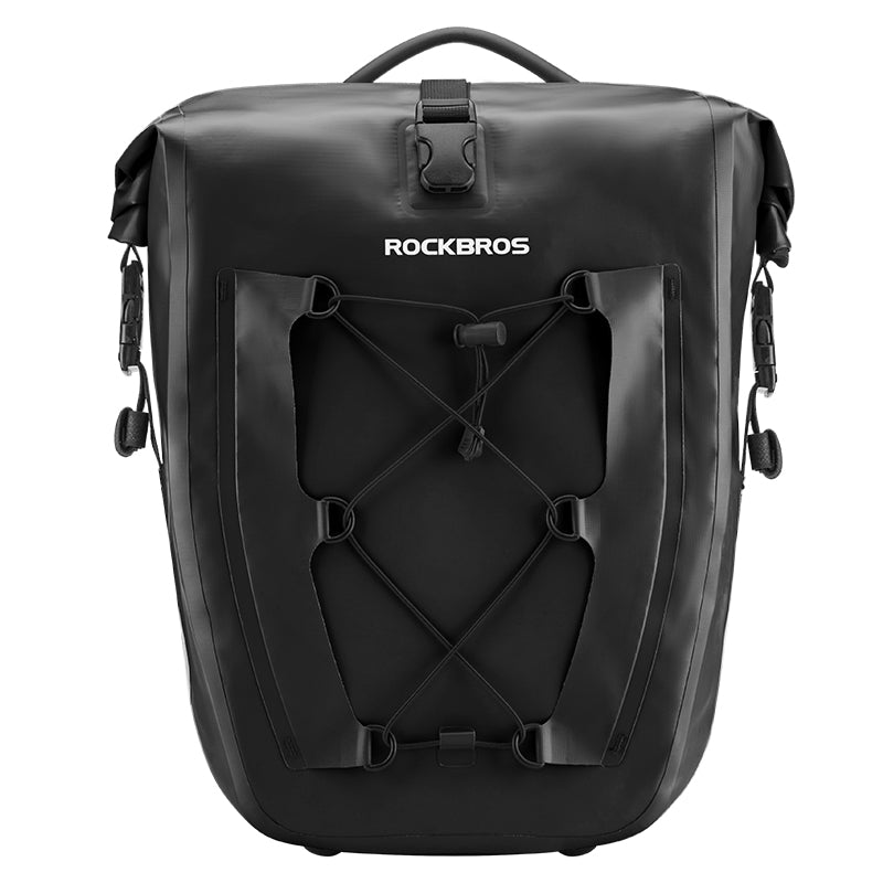 Black ROCKBROS bicycle saddlebag with bungee cords for added storage.