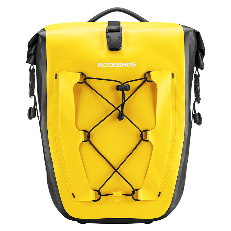 Yellow ROCKBROS waterproof bicycle saddlebag with bungee cords for cycling adventures.