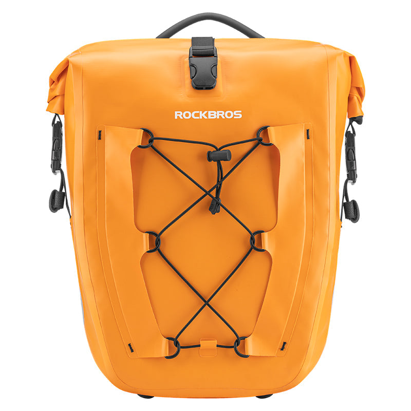 Orange ROCKBROS waterproof bicycle saddlebag with bungee cords