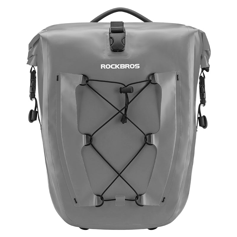 Gray ROCKBROS waterproof saddlebag with bungee cords for versatile storage.