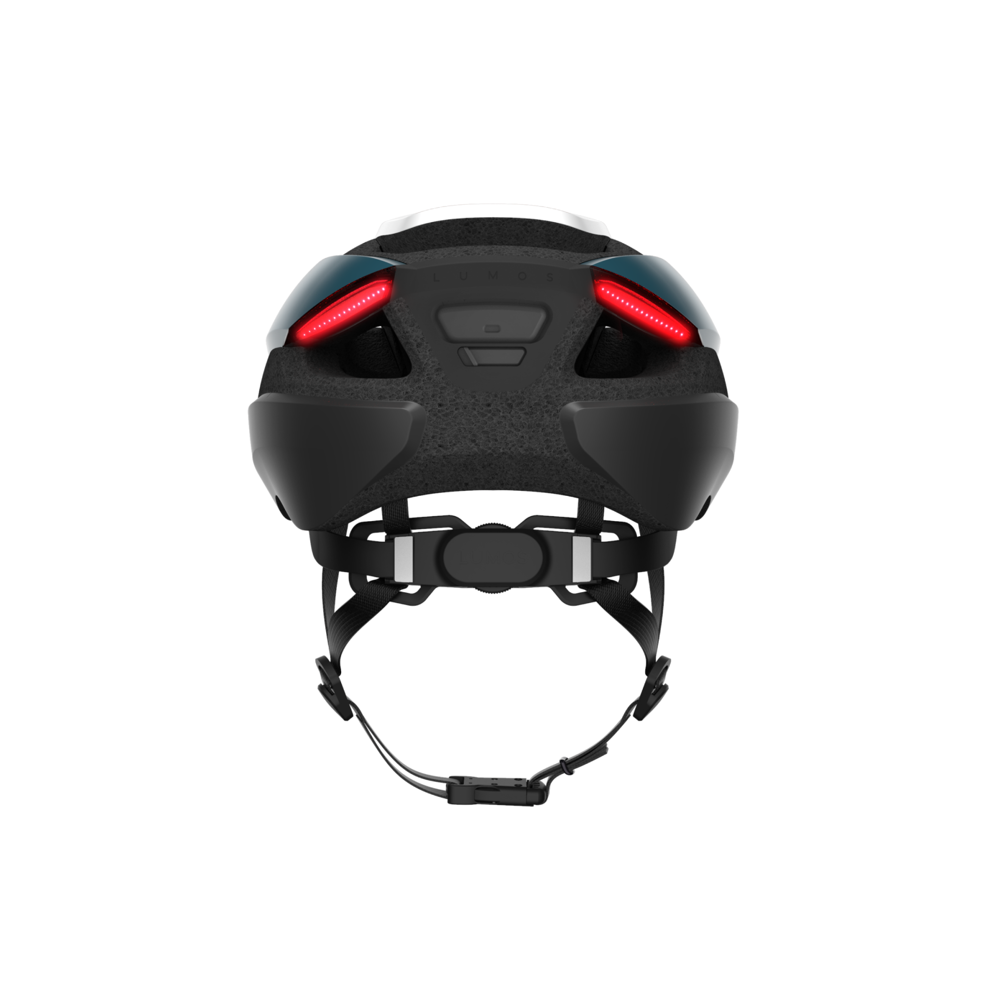 Rear view of Lumos Ultra Standard Helmet with red safety lights and adjustable straps.