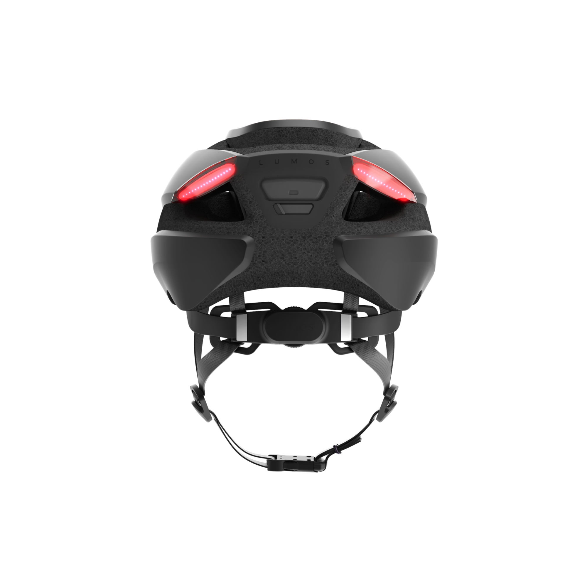 Rear view of Lumos Ultra Helmet showing red safety lights and adjustable straps.