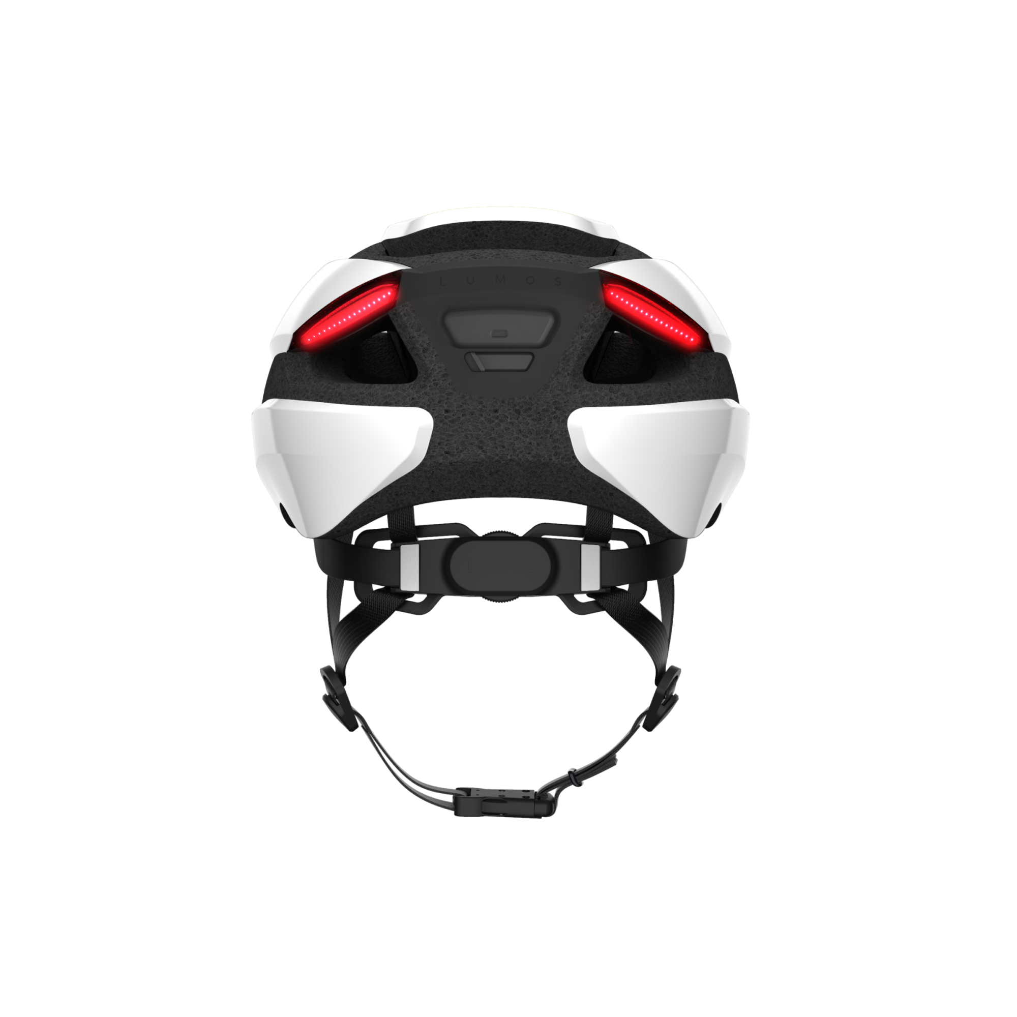 Lumos Ultra Standard Helmet top view with rear red safety lights and adjustable chin strap.