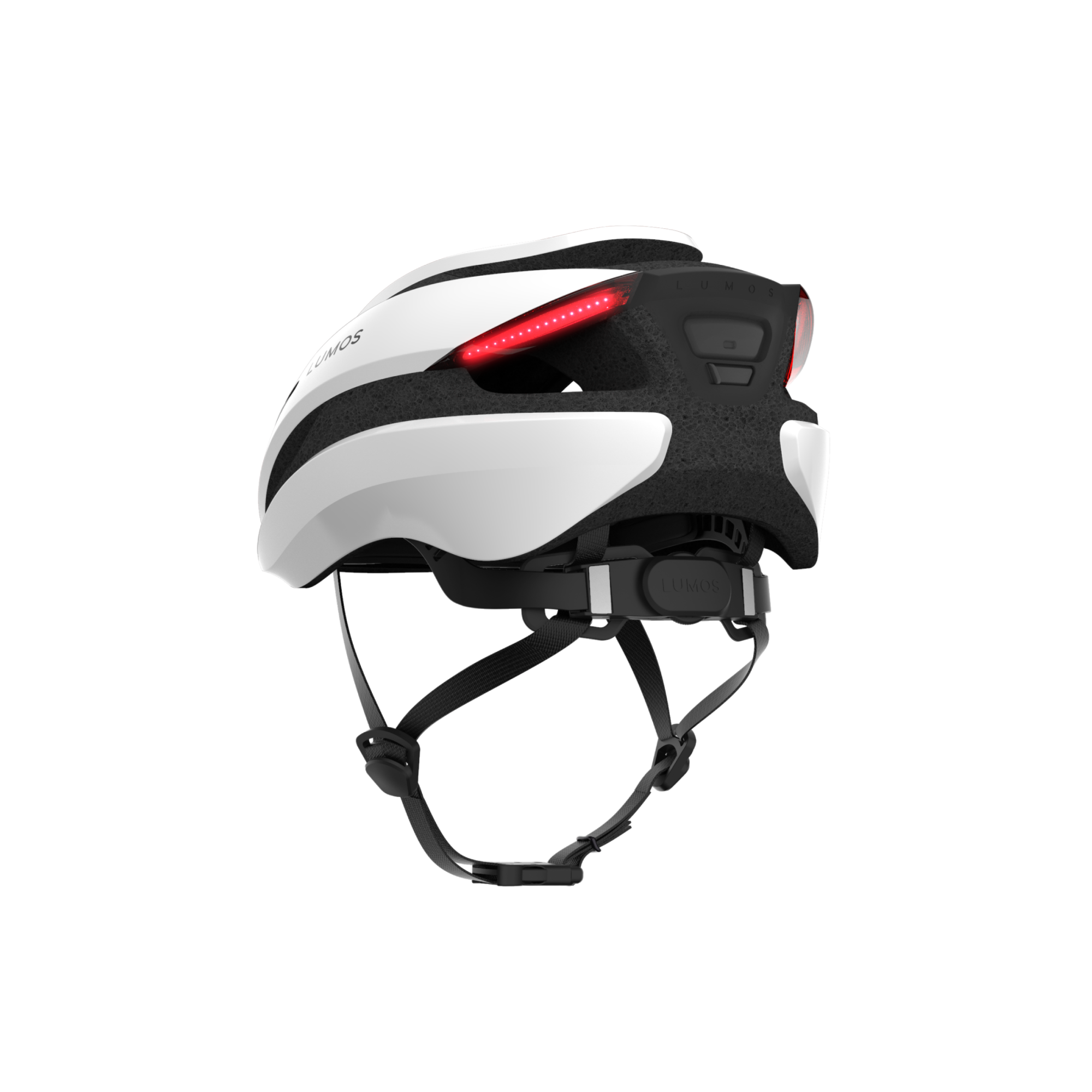 Side view of Lumos Ultra Standard Helmet in black and white with rear safety light.